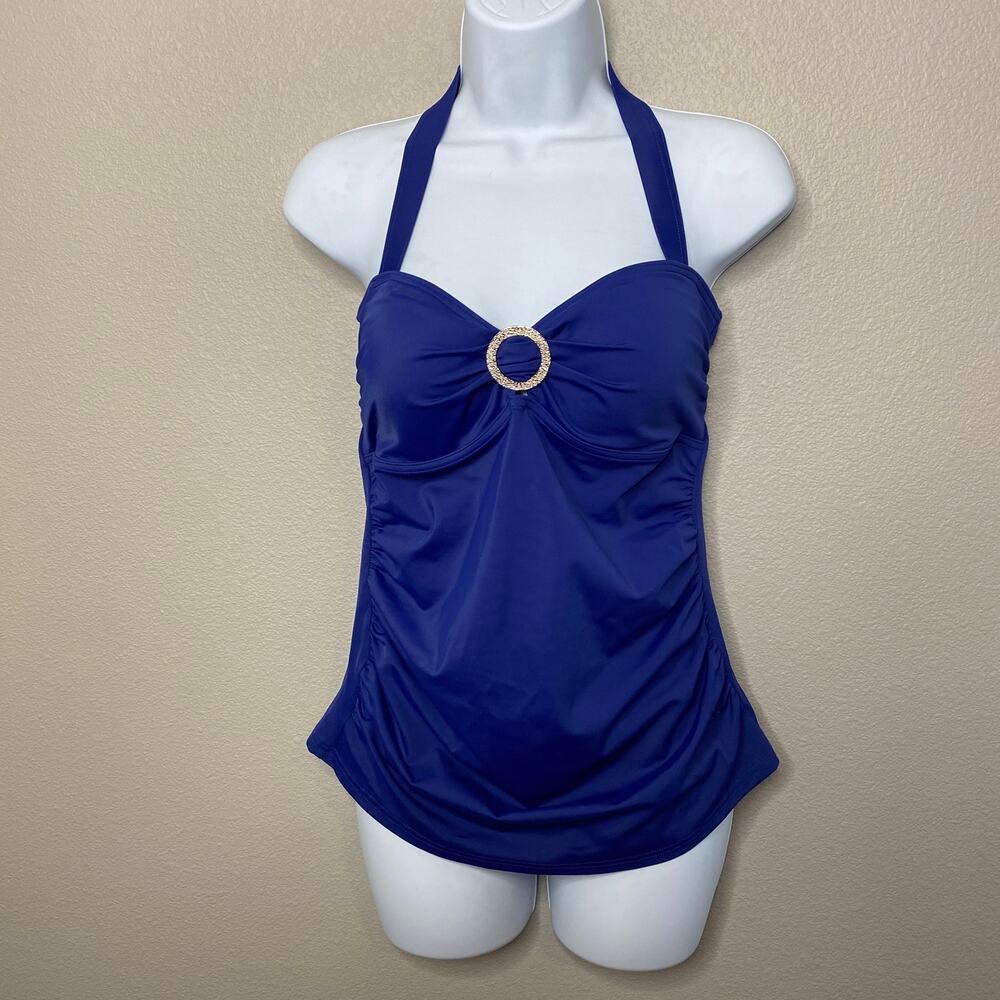 Lands' End Tankini Swim Top Womens 8‎ Blue Halter Ruched Gold Ring Detail